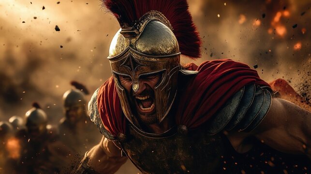 Powerful Spartan Warrior Charging into Battle with Sword and Shield at Golden Hour in Arena