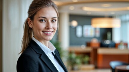 Beautiful smiling elegant woman at the reception, front desk or at the office, with elegant outfit and professional attire