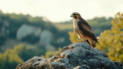 A hawk perched on a rock, overlooking a natural landscape.