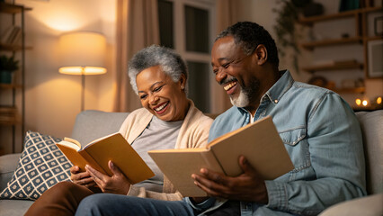 Joyful Senior Couple Reading Together at Home in Evening Light