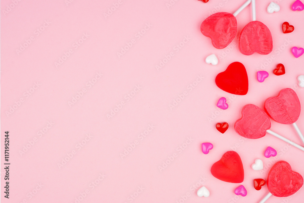 Poster valentines day side border of candy hearts and lollipops. overhead view on a pink background. copy s