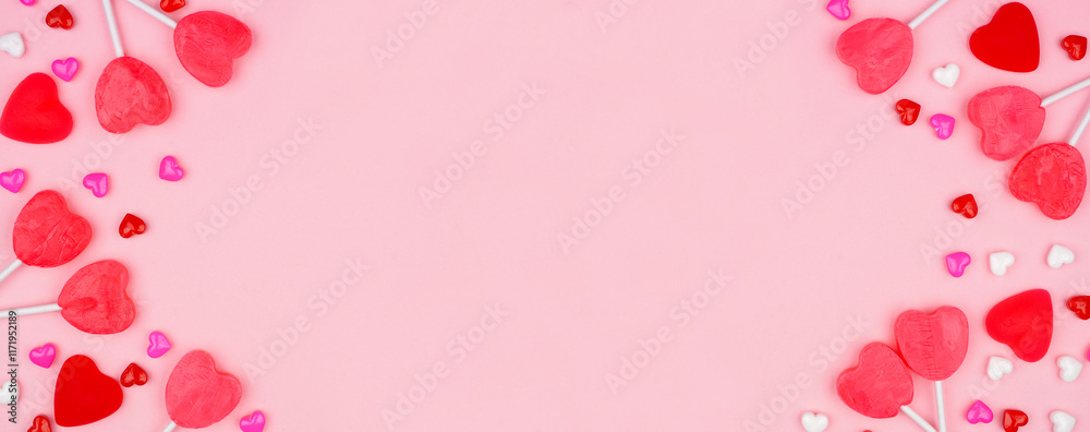 Poster valentines day double border of candy hearts and lollipops. top view on a pink banner background. co