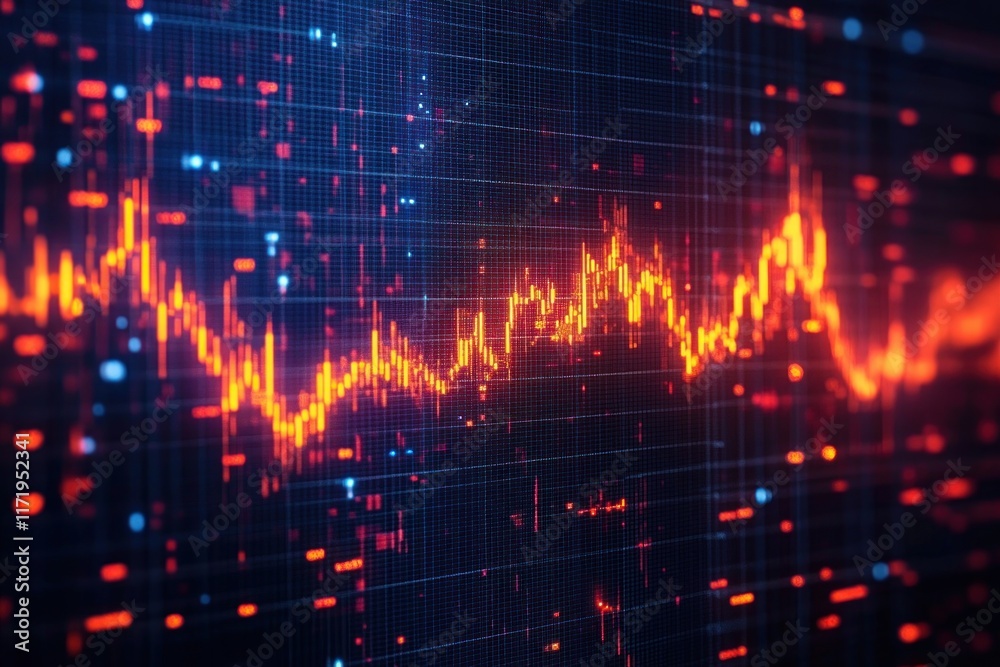 Poster Futuristic Stock Market Analysis with Neon Candlestick and Bar Graphs in 3D Rendering