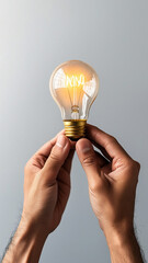 Hands holding a glowing light bulb against a soft gray background in a cozy setting