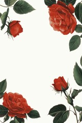 Two vibrant red roses, adorned with lush green leaves, elegantly rest on a pure white background, embodying romance and beauty for Valentine's Day.