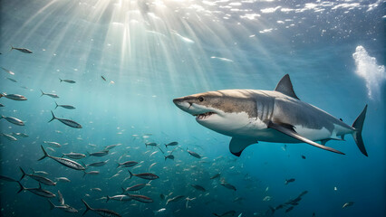Fototapeta premium Majestic Shark Swimming in Clear Ocean Water with Sunlight Beams