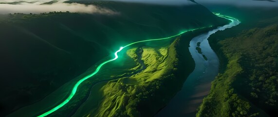 Aerial view of a winding river cutting through a lush green valley