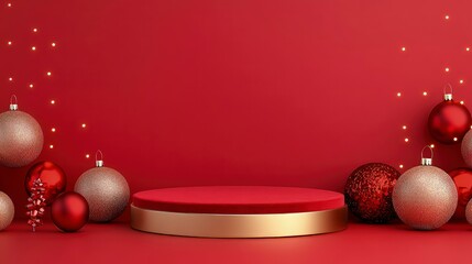 Red podium with golden edges, surrounded by Christmas ornaments red background