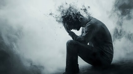 Obraz premium Sad Man Disintegrating in Smoky Haze
