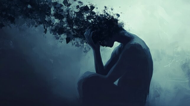 Sad Woman, Head Exploding, Dark Abstract Background, Mental Health Concept
