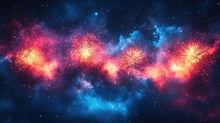 Fototapeta premium Fireworks Display in Night Sky Watercolor Art Celebration Summer Festival Landscape Illustration