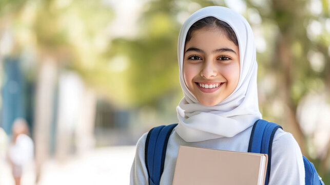 Arabian teenage student girl holding textbook go to school library - Powered by Adobe
