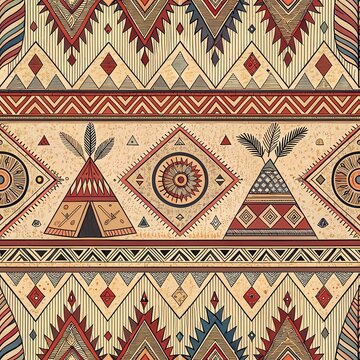 Colorful tribal pattern with tepees and geometric motifs