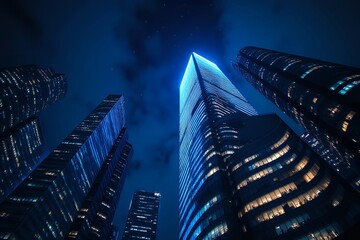 Looking Up modern high-rise office buildings with new year night sky in the background
