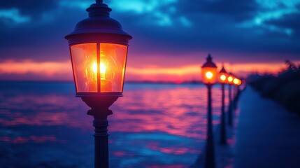 Obraz premium Captivating sunset over ocean pier with lanterns coastal landscape photography serene evening atmosphere