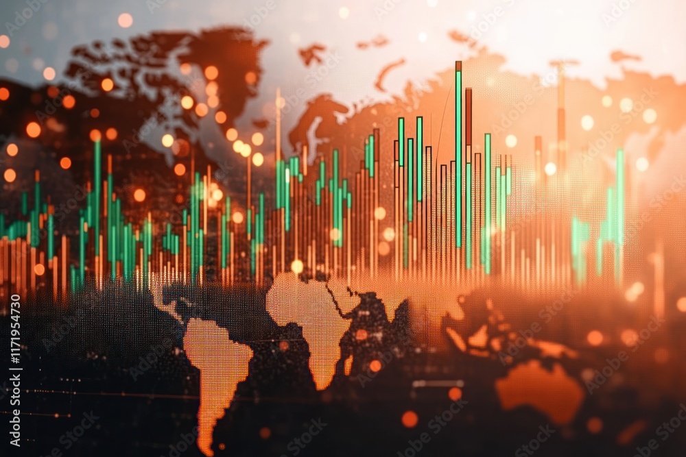 Aufkleber Global Market Trends Visualization with World Map Background and Colorful Graphs