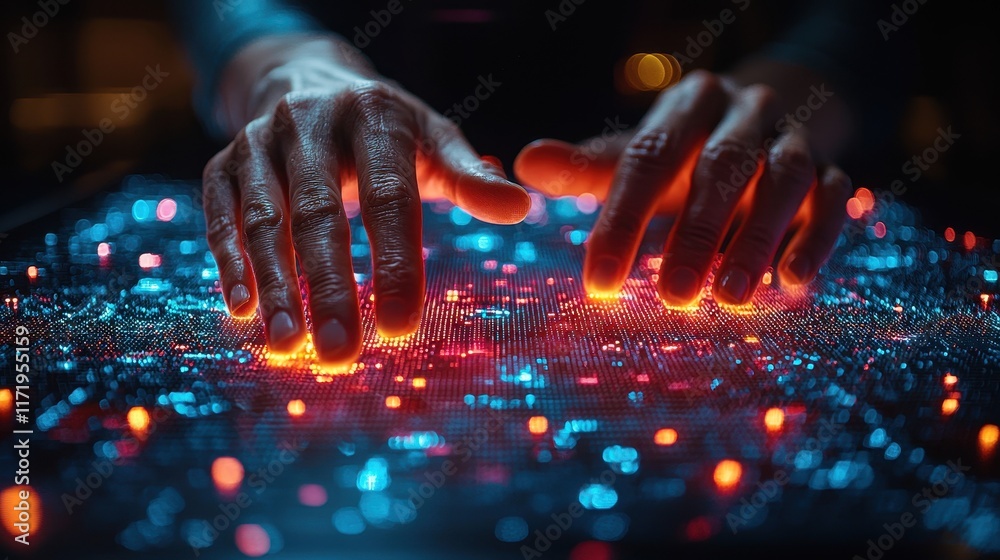 Poster digital interaction hands engaging with data visualizations in a tech lab environment