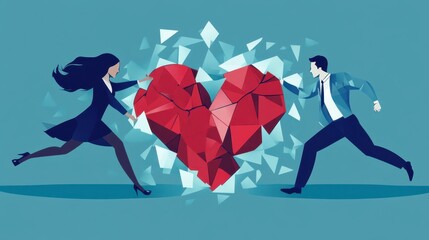 A whimsical scene unfolds as a man and woman joyfully escape from a shattered heart, symbolizing freedom and new beginnings on Valentine's Day.