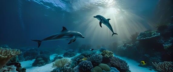 Fototapeta premium An underwater scene showcasing dolphins swimming gracefully among coral reefs