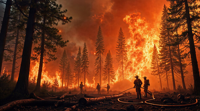 Eine Gruppe von mutigen Feuerwehrleuten im Kampf gegen gewaltige Waldbr&auml;nde in ausgel&ouml;st in ein einer trockenen Phase des Sommers