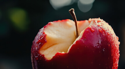 close up of red apple with bite taken out, showcasing its juicy interior and glistening surface. image evokes freshness and temptation