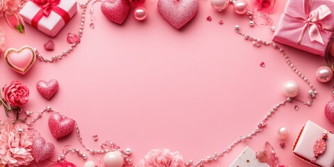 A whimsical pink canvas adorned with hearts, flowers, and gifts, perfect for celebrating love on Valentine's Day.