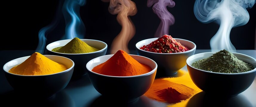 Artful arrangement of colorful spices in bowls that reflect culinary diversity