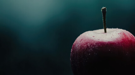 close up of fresh red apple with droplets of water on its surface, set against dark background, creating striking contrast and highlighting its natural beauty