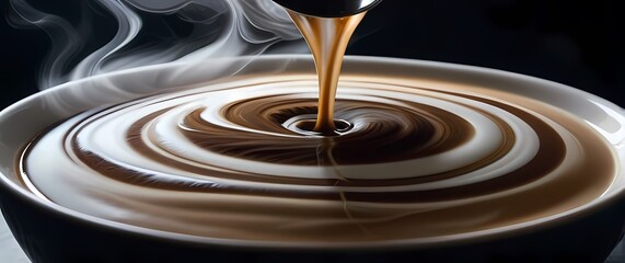 Artistic capture of swirling patterns of cream being stirred into coffee