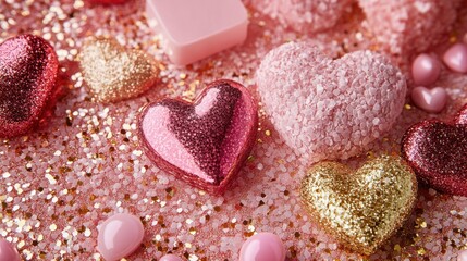 Obraz premium A whimsical array of vibrant hearts dances across a soft pink surface, celebrating love and affection in a delightful burst of color.