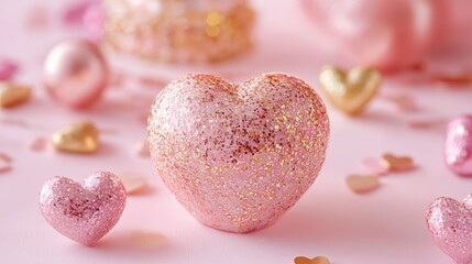Fototapeta premium A charming pink heart glows at the center, embraced by a cascade of shimmering gold hearts, radiating love and warmth for Valentine's Day.