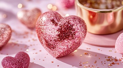 Obraz premium A vibrant pink heart rests on a beautifully set table, surrounded by charming decorations that evoke love and romance on Valentine's Day.