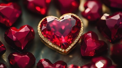 A stunning heart-shaped red diamond glimmers at the center, encircled by delicate smaller red diamonds, symbolizing eternal love and passion.