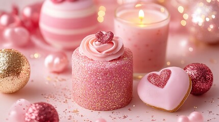 A delightful pink cake adorned with a heart, surrounded by charming decorations that capture the essence of love and celebration on Valentine's Day.