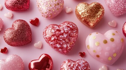 Obraz premium A delightful array of vibrant hearts sprawled across a soft pink surface, radiating love and joy, perfect for celebrating Valentine's Day.