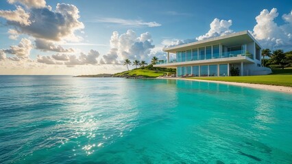 Obraz premium Beach house with large glass windows located on tropical island surrounded by beautiful ocean 