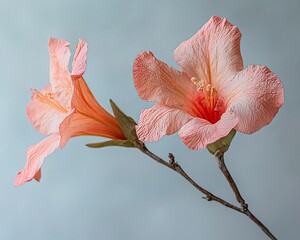 Two peach hibiscus flowers on a branch against a light blue background.