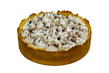 Traditional banoffee cake with banana and caramel sauce filling sprinkled with grated dark chocolate and coffee . English traditional pie