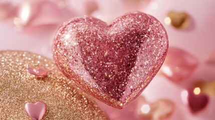 Obraz premium A charming heart-shaped decoration in pink and gold sits elegantly on a table, radiating love and warmth perfect for Valentine's Day celebrations.