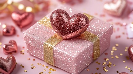 A charming pink gift adorned with a shimmering gold ribbon and a delicate heart, radiating love and joy perfect for Valentine's Day celebrations.