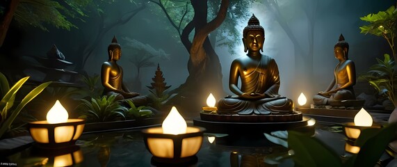 Beautifully crafted Buddha statues set in tranquil zen gardens depicting peace