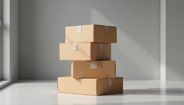 Stacked tuck end boxes in modern setting, minimalist aesthetic