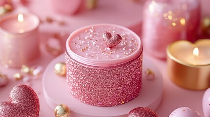 A charming pink jar adorned with a heart centerpiece, surrounded by delicate hearts, radiating love and warmth perfect for Valentine's Day.