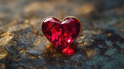 Fototapeta premium A stunning red heart-shaped diamond glimmers on a table, radiating love and passion, perfect for celebrating Valentine's Day.
