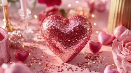 Obraz premium A romantic heart-shaped object rests on a table surrounded by delicate pink flowers, embodying love's essence this Valentine's Day.