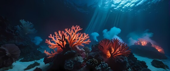 Breathtaking visuals of coral reefs interacting with vibrant volcanic activity