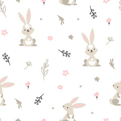 Easter pattern with different characters and other elements. Easter bunny, chicks, eggs and flowers, sheep, basket with eggs. Vector illustration.