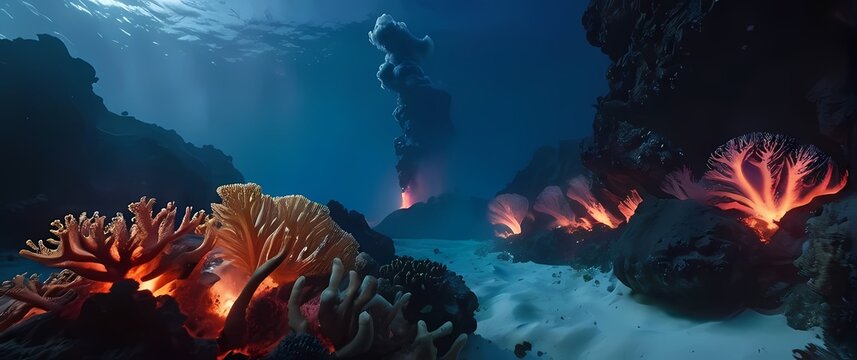Breathtaking visuals of coral reefs interacting with vibrant volcanic activity