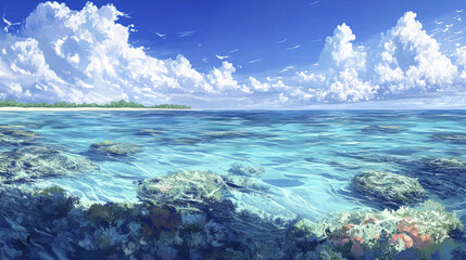 Fototapeta premium scenic ocean view featuring vivid coral reef under bright sky