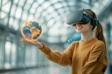 The female character stands inside a virtual cyberpunk style building, wearing a VR headset as she connects to the metaverse of the future cyberspace community